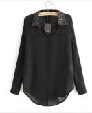 Camisa Blusa Chiffon Gola em Lantejoula Paetê
