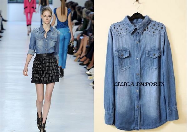 Camisa Blusa Jeans com aplicações Tachas Rebites