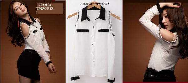Camisa Detalhes de Pérolas / Apliques / Buraco nos Ombros