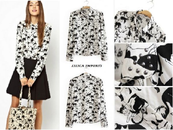 Camisa Blusa Estampa Gato Cat Tachas Gola