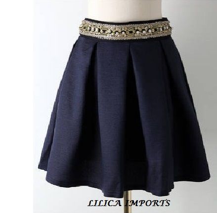 Saia Elegante com Apliques em Perolas Cintura Alta