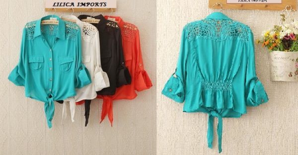 Camisa Vintage Renda Bordada Meia Manga