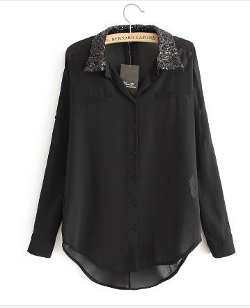 Camisa Blusa Chiffon Gola em Lantejoula Paetê